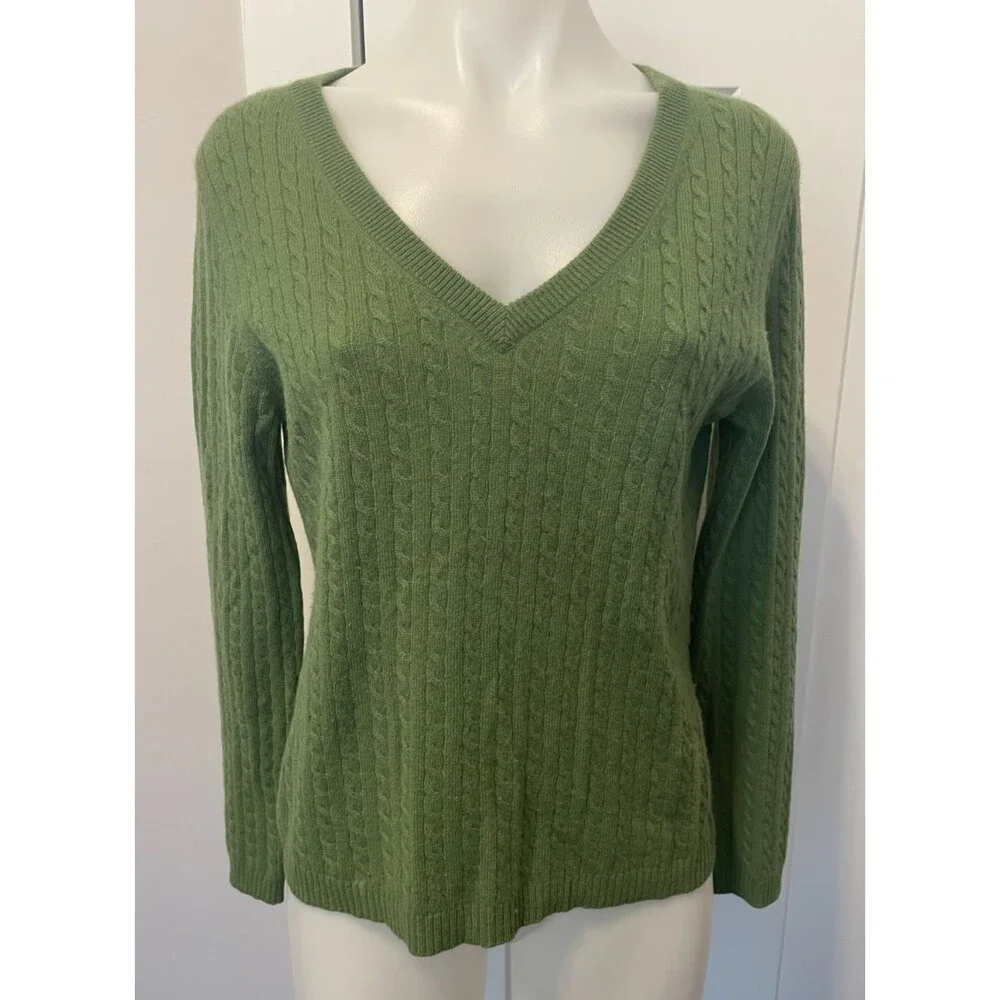 RED MOON Womens Cashmere SWEATER Long Sleeve GREEN V-Neck Size M